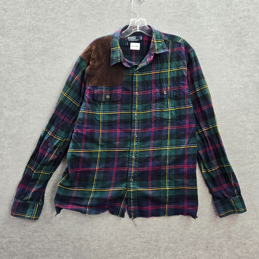 VINTAGE Polo Ralph Lauren Men Button Up Shirt XL Blue Plaid Flannel Faux Suede